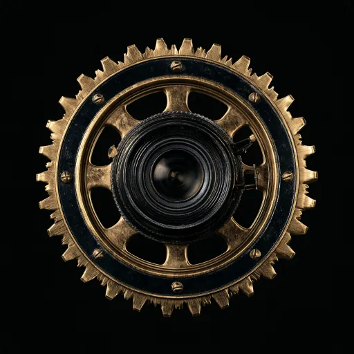 Insignia de FRAME/SHIFT: un engranaje de latón con el objetivo de una cámara en el centro.